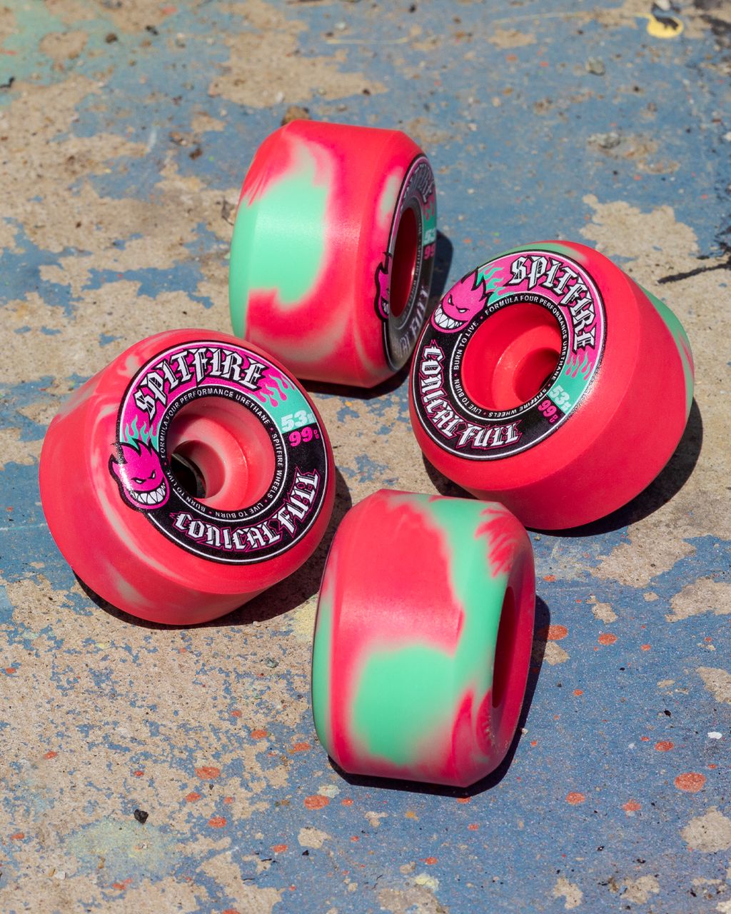 Spitfire Wheels - F4 99A Team Color Pack Conical Full Shape Teal/Pink Swirl 53mm